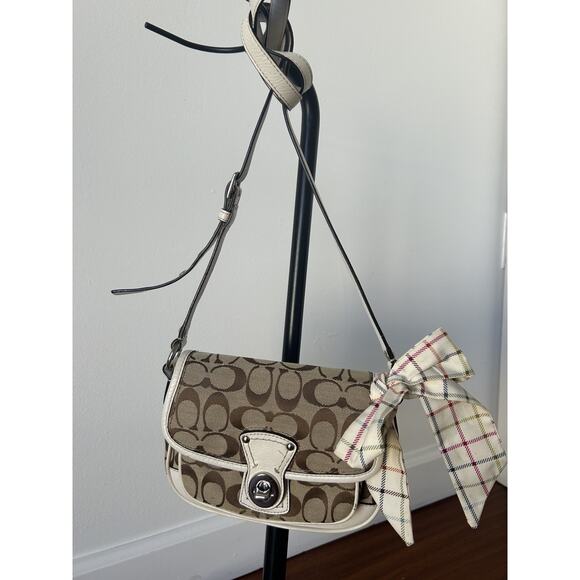 COACH Y2K Turnlock Shoulder Bag Crossbody Khaki/White Leather Trim Turnlock Read - Picture 9 of 9